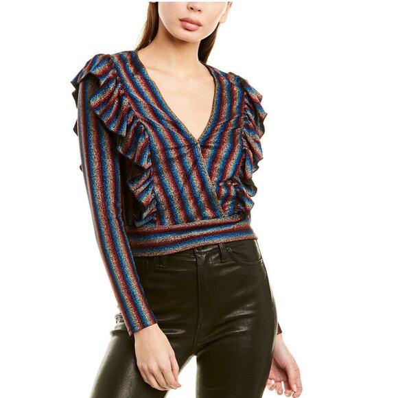 Saylor Blouse Small Cropped Metallic Striped Ruffled Whimsigoth Club Swiftie - Picture 1 of 9